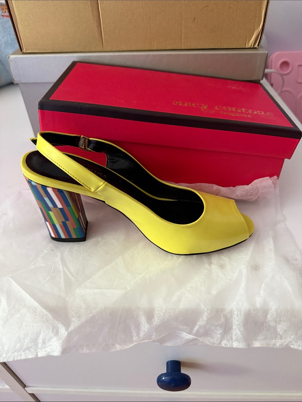 Juicy Couture Yellow Patent Slingback Peep-Toe Block Heel